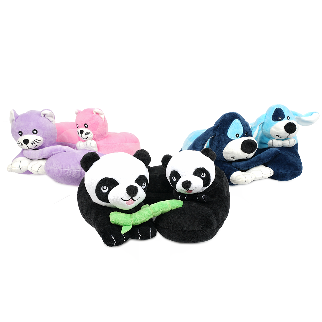 A collection of plush neck pillows in various animal designs, including a panda, a bear, a dog, and a rabbit, in an assortment of colors.