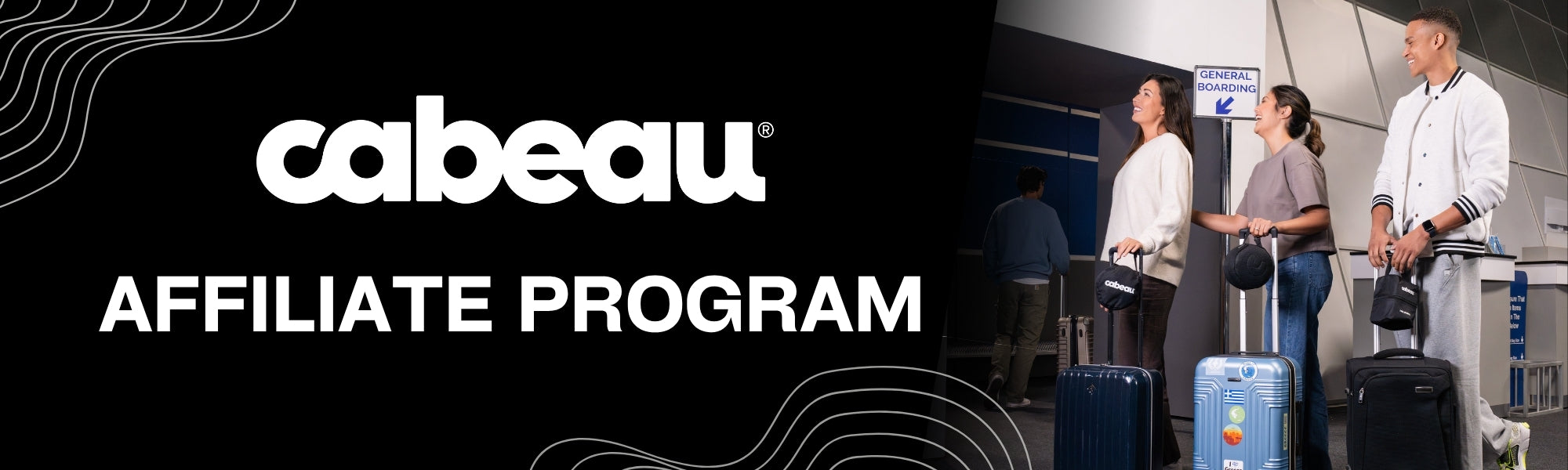 Webl banner for the cabeau Affiliate Program, featuring the white cabeau logo and the text 'AFFILIATE PROGRAM' on a black background, alongside a lifestyle photo of travelers with luggage at an airport.