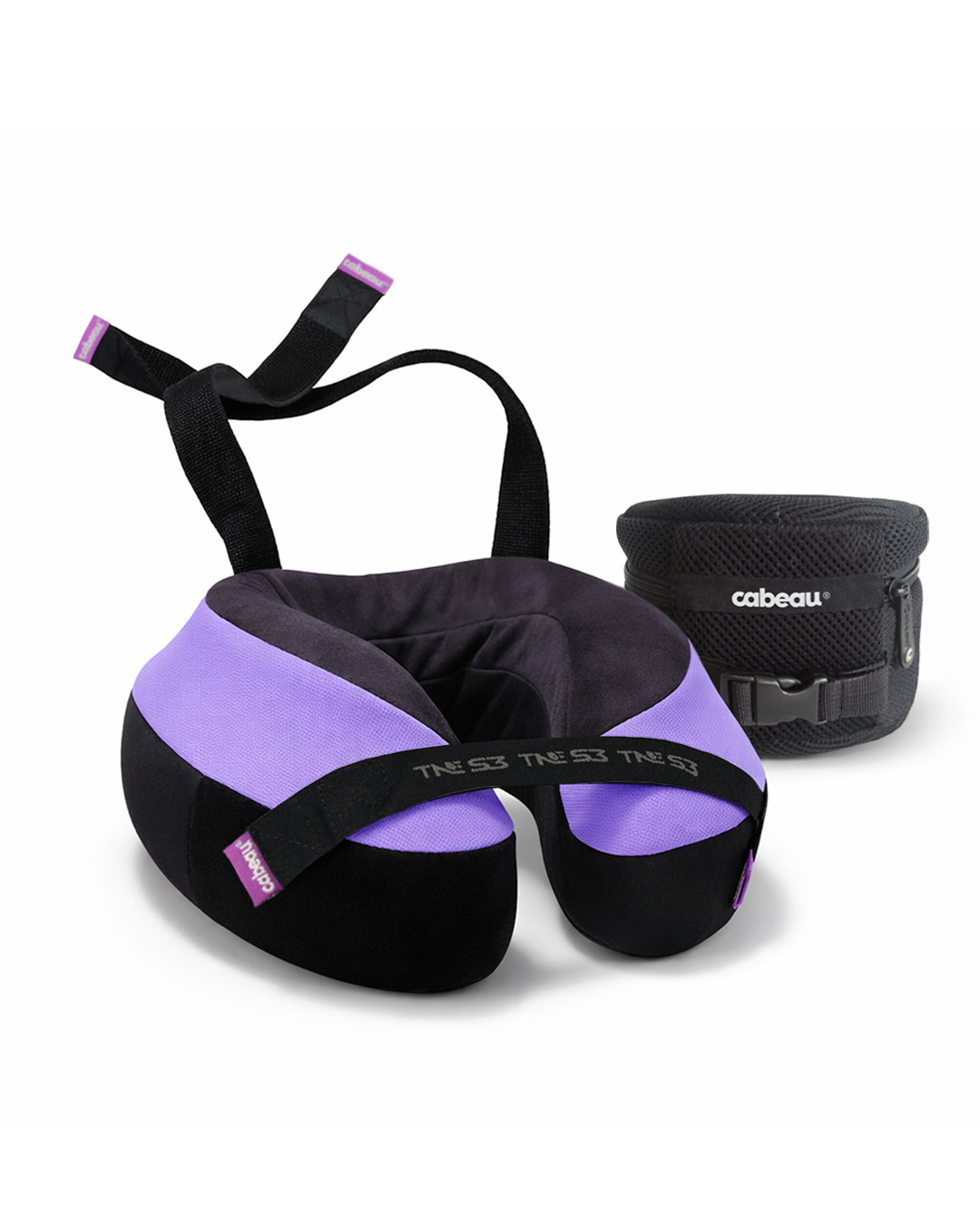 Black and lavendar travel neck pillow with a deluxe travel carrying case
