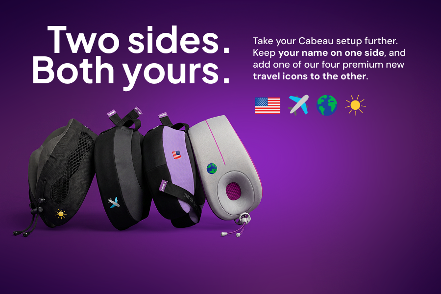 Two sides. both yours. New travel icons available to personalize your travel pillow.