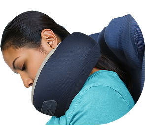Woman uncomfortable in a competitor travel pillow
