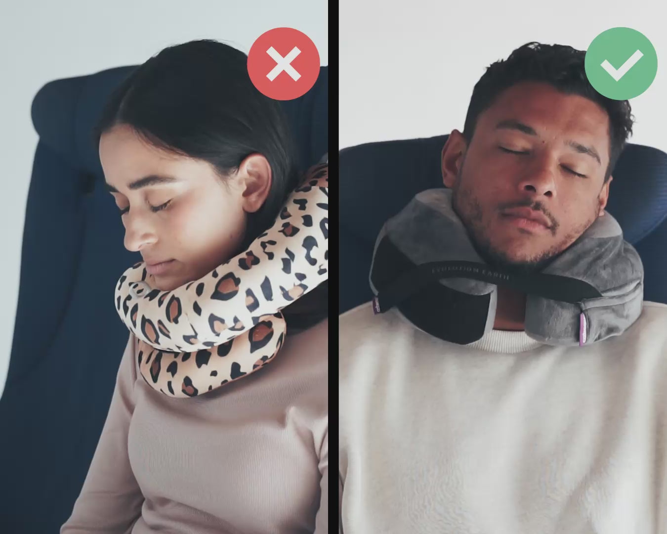 Video laden: Cabeau's sustainable Evolution Earth Deluxe pillow showing a passenger comfortably in an airplane seat,  in contrast to competitor pillows with lack of support