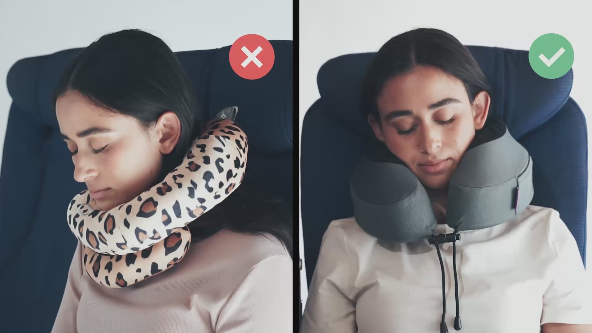 Načíst video: Cabeau's Evolution S3 neck pillow showing a passenger comfortably in an airplane seat,  in contrast to competitor pillows with lack of support