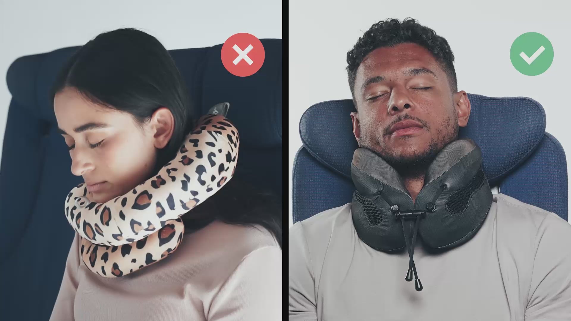 Načíst video: Cabeau's Evolution Cool neck pillow showing a passenger comfortably in an airplane seat,  in contrast to competitor pillows with lack of support