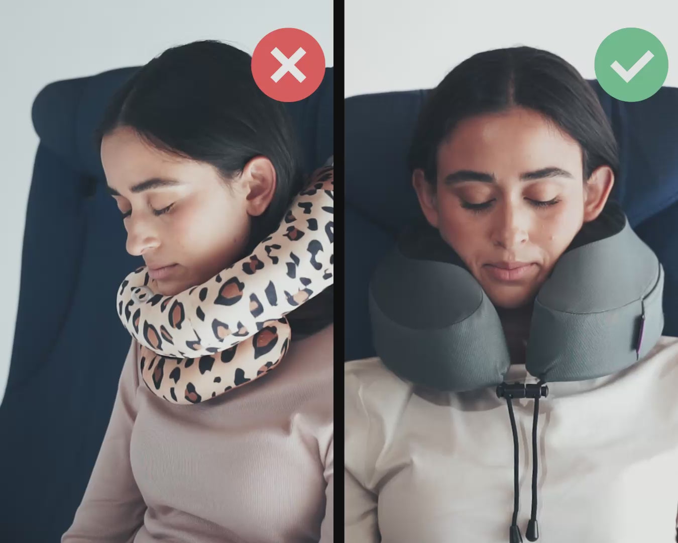 Načíst video: Cabeau's Evolution S3 neck pillow showing a passenger comfortably in an airplane seat,  in contrast to competitor pillows with lack of support