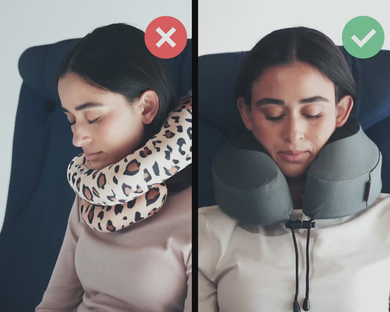 Cabeau's Evolution S3 neck pillow showing a passenger comfortably in an airplane seat,  in contrast to competitor pillows with lack of support