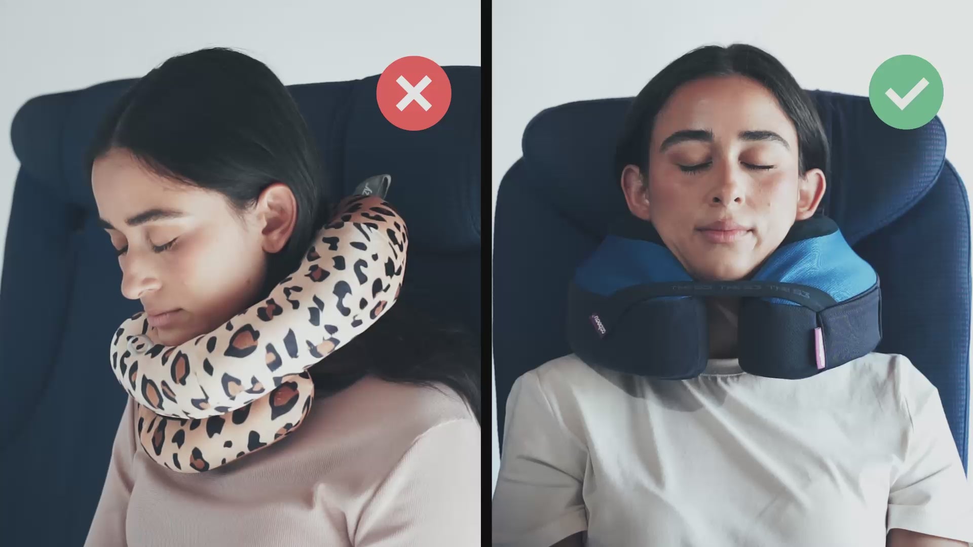 Video laden: Cabeau's TNE S3 pillow showing a passenger comfortably in an airplane seat,  in contrast to competitor pillows with lack of support